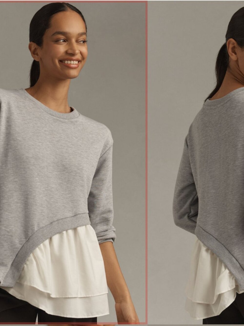 Maeve Gray Layered-Hem Pullover Sweatshirt with Cream Ruffle